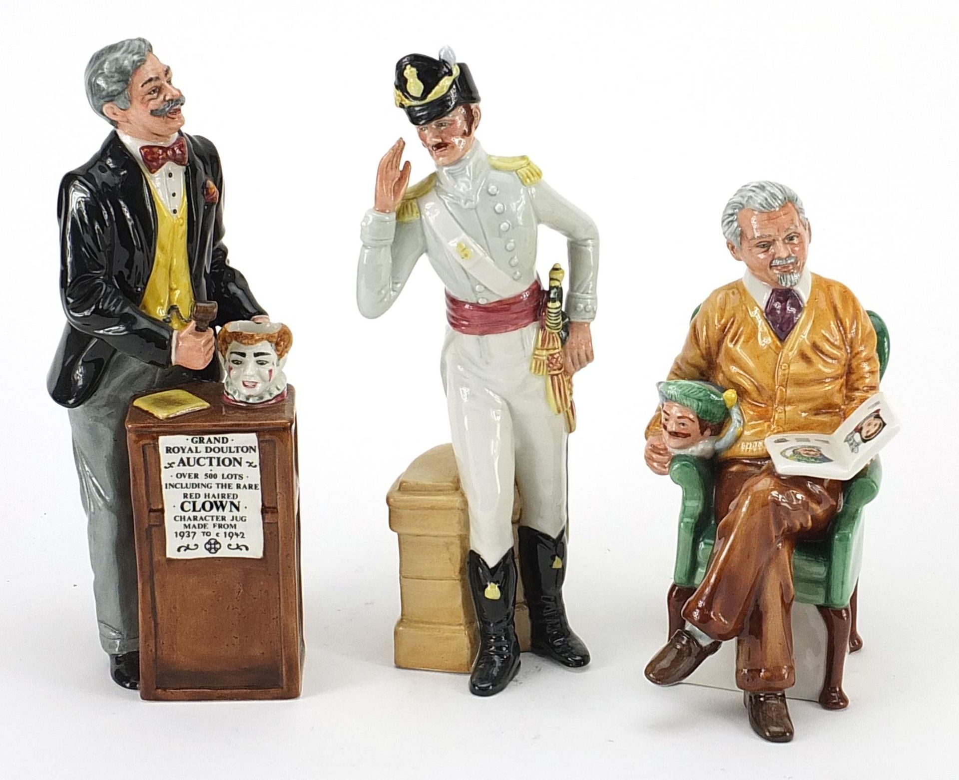 Three Royal Doulton figures comprising Pride & Joy HN2945, The Auctioneer HN2988 and Morning Ma'am