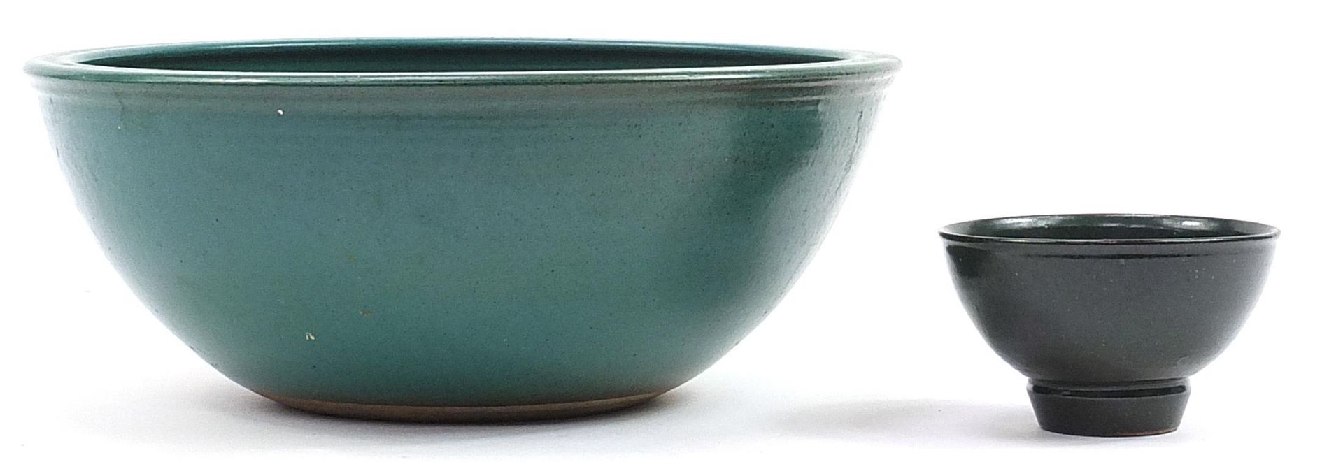 Two David Lloyd Jones studio pottery bowls having green glazes, the largest 39.5cm in diameter - Image 2 of 4