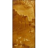 Large Victorian treacle glazed tile hand painted with cattle and ducks in a street, framed, the tile