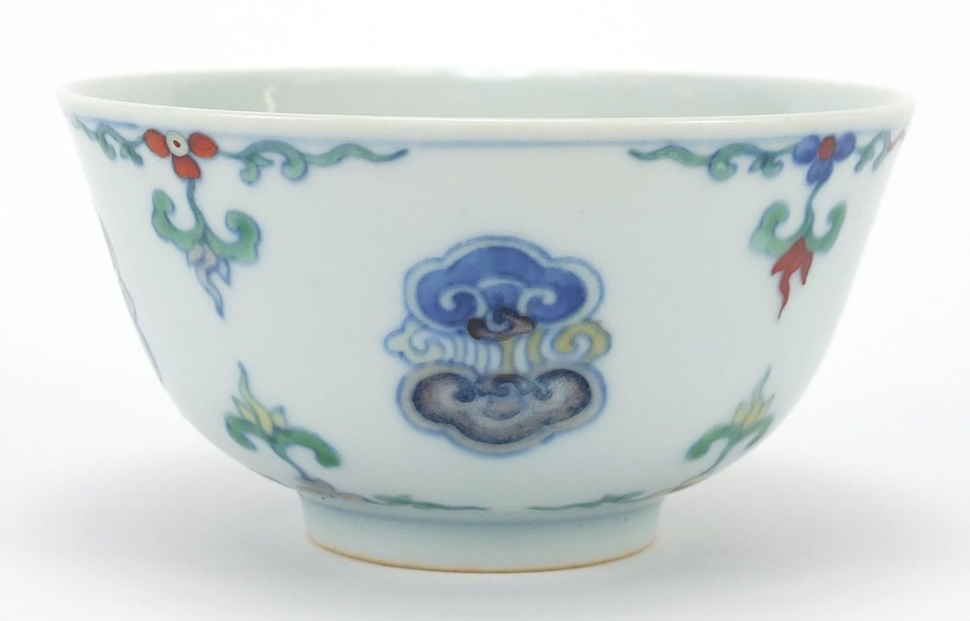 Chinese doucai porcelain bowl hand painted with flowers, six figure character marks to the base, - Image 2 of 3