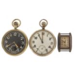 Two military interest pocket watches and a silver trench style example by Bernex, the pocket watches