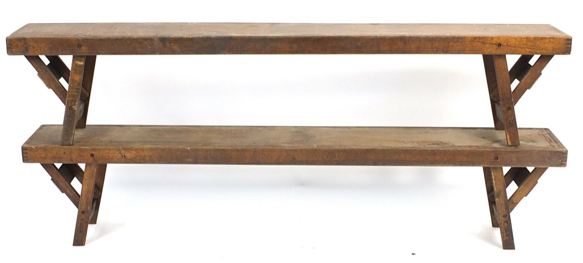 Pair of vintage folding gymnasium benches, 38cm H x 183cm W x 25cm D