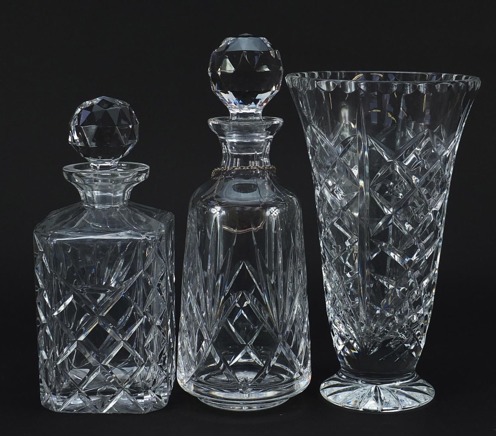 Two cut glass decanters with stoppers and cut glass vase, the largest 28.5cm high - Image 2 of 3