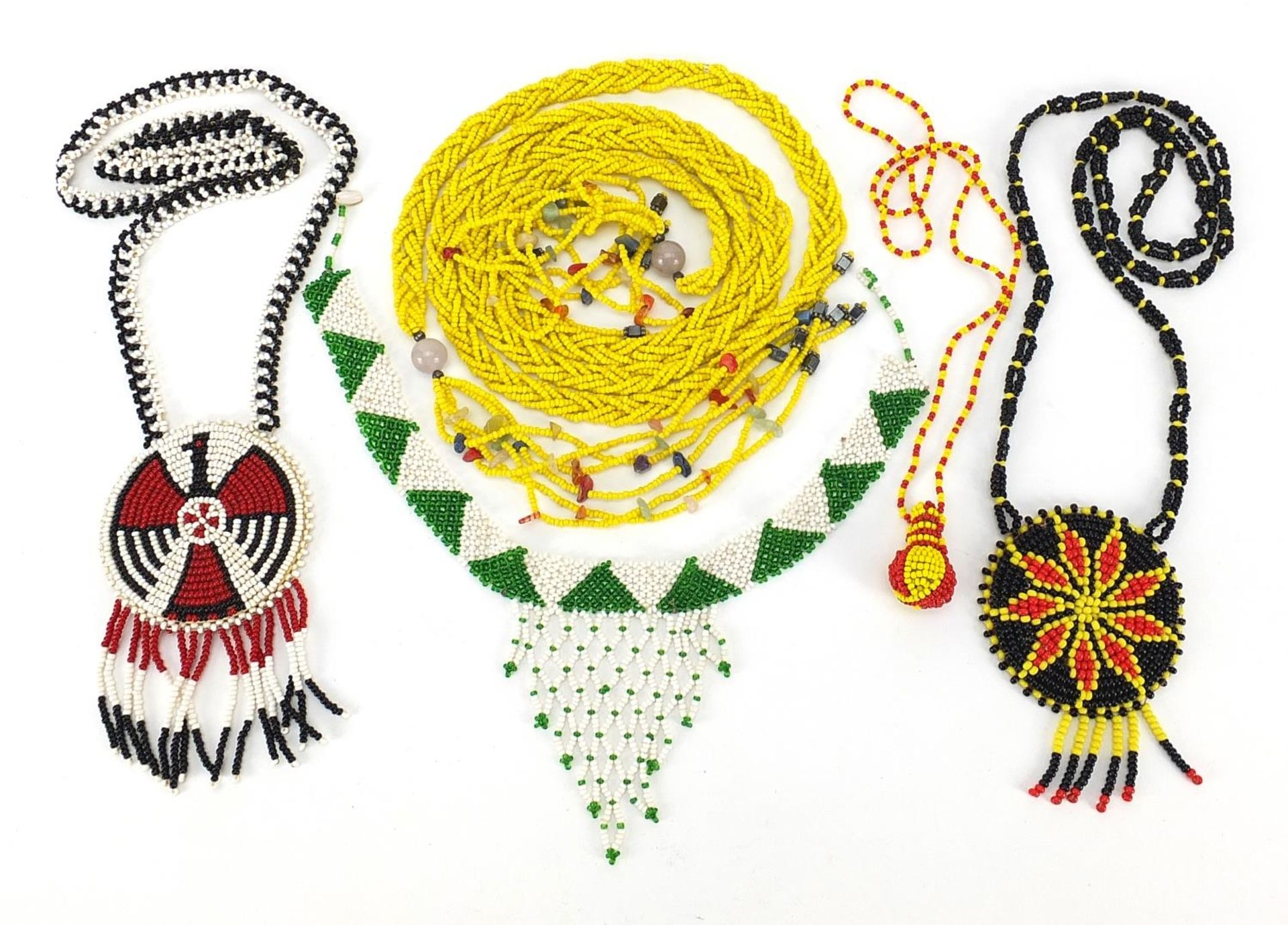 African beadwork including two talismans, the largest 160cm in length