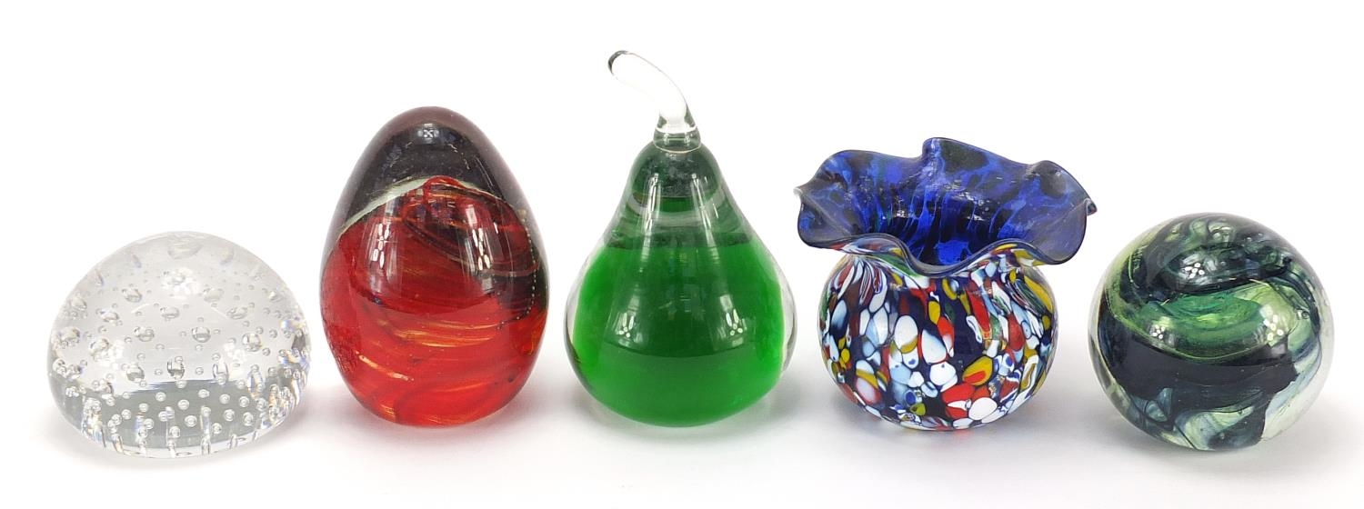 Art glassware including a Millefiori vase, Czechoslovakian pear paperweight and Webb, the largest