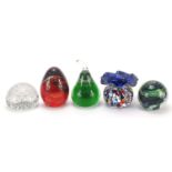 Art glassware including a Millefiori vase, Czechoslovakian pear paperweight and Webb, the largest
