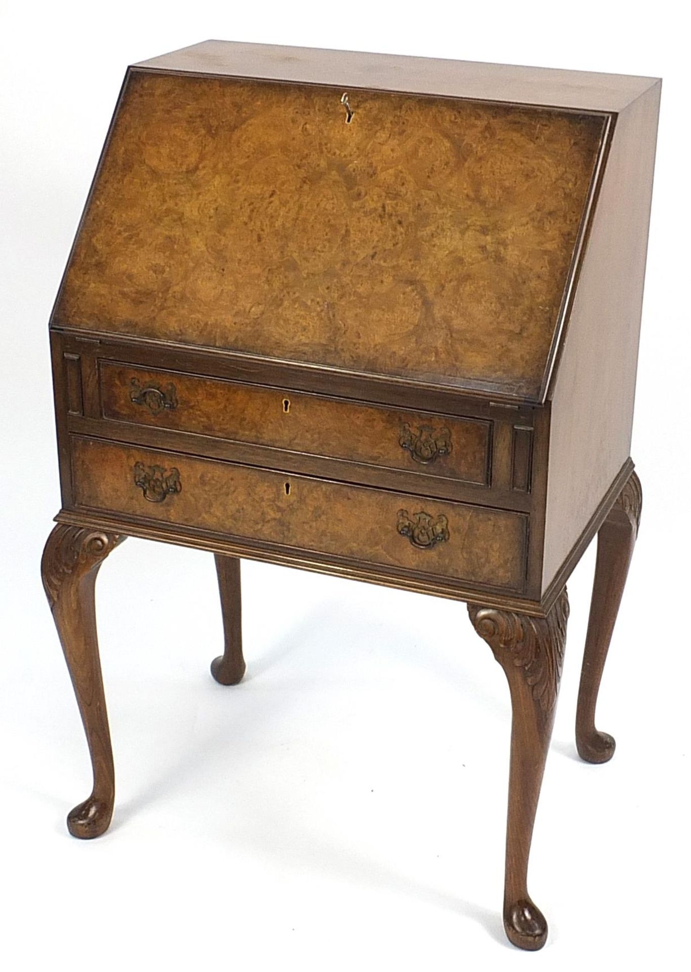 Burr walnut bureau raised on cabriole legs, 98cm H x 65cm W x 47cm D