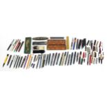 Collection of vintage fountain and ballpoint pens and accessories including Watermans, brown ripple,