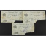 Three 19th century Faversham Bank five pound notes numbered 0719, 0749 and 0774, each dated 11th May