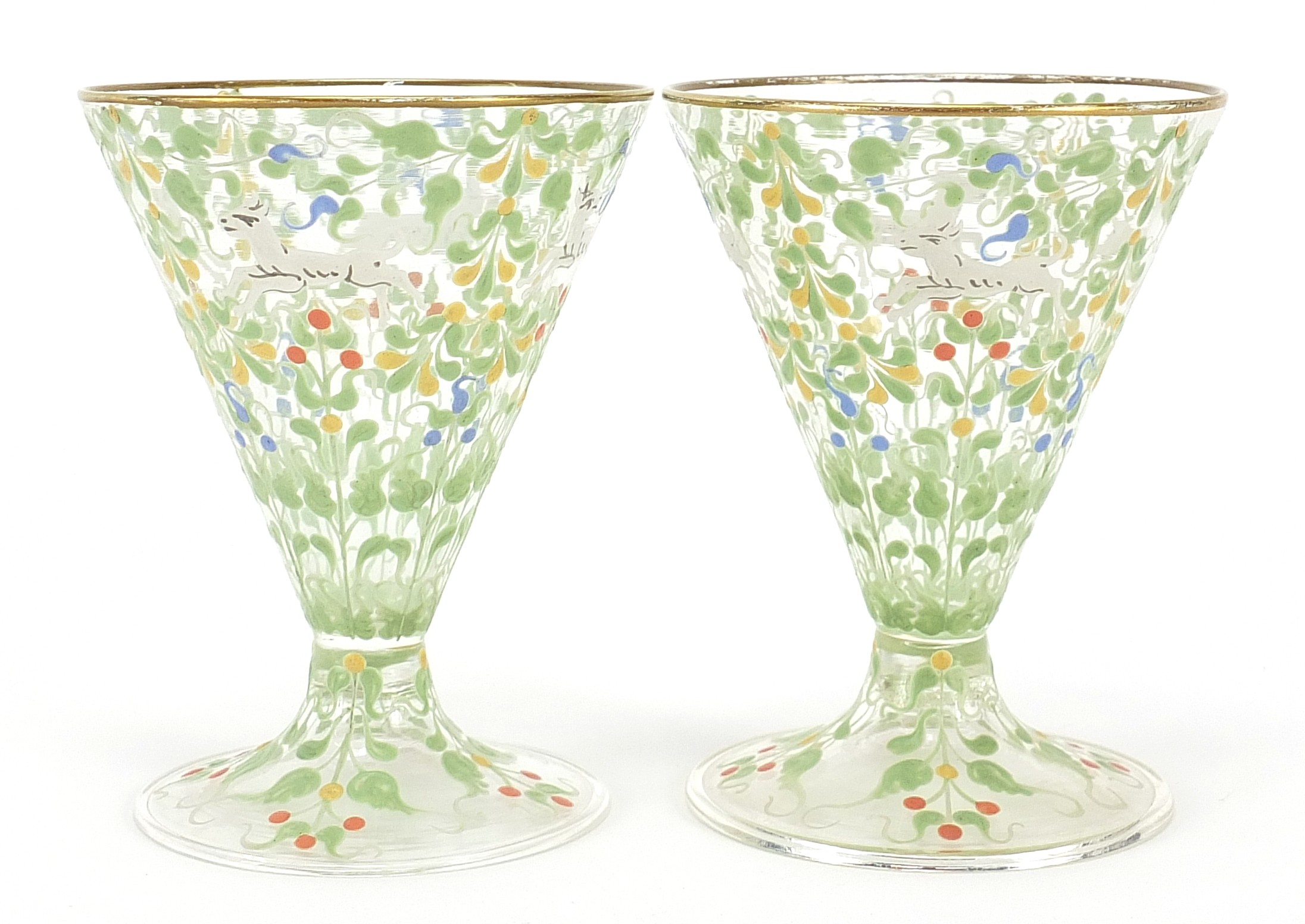 Pair of Bohemian cocktail glasses in the manner of Moser, each enamelled with wild animals amongst - Image 2 of 3
