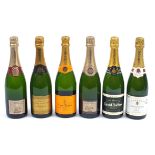 Six bottles of Champagne comprising Duval-Leroy, Veuve Clicquot, Canard-Duchene, Etienne Dumont