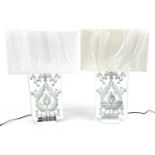 Pair of as new contemporary chrome and mirrored glass table lamps with shades, 70cm high