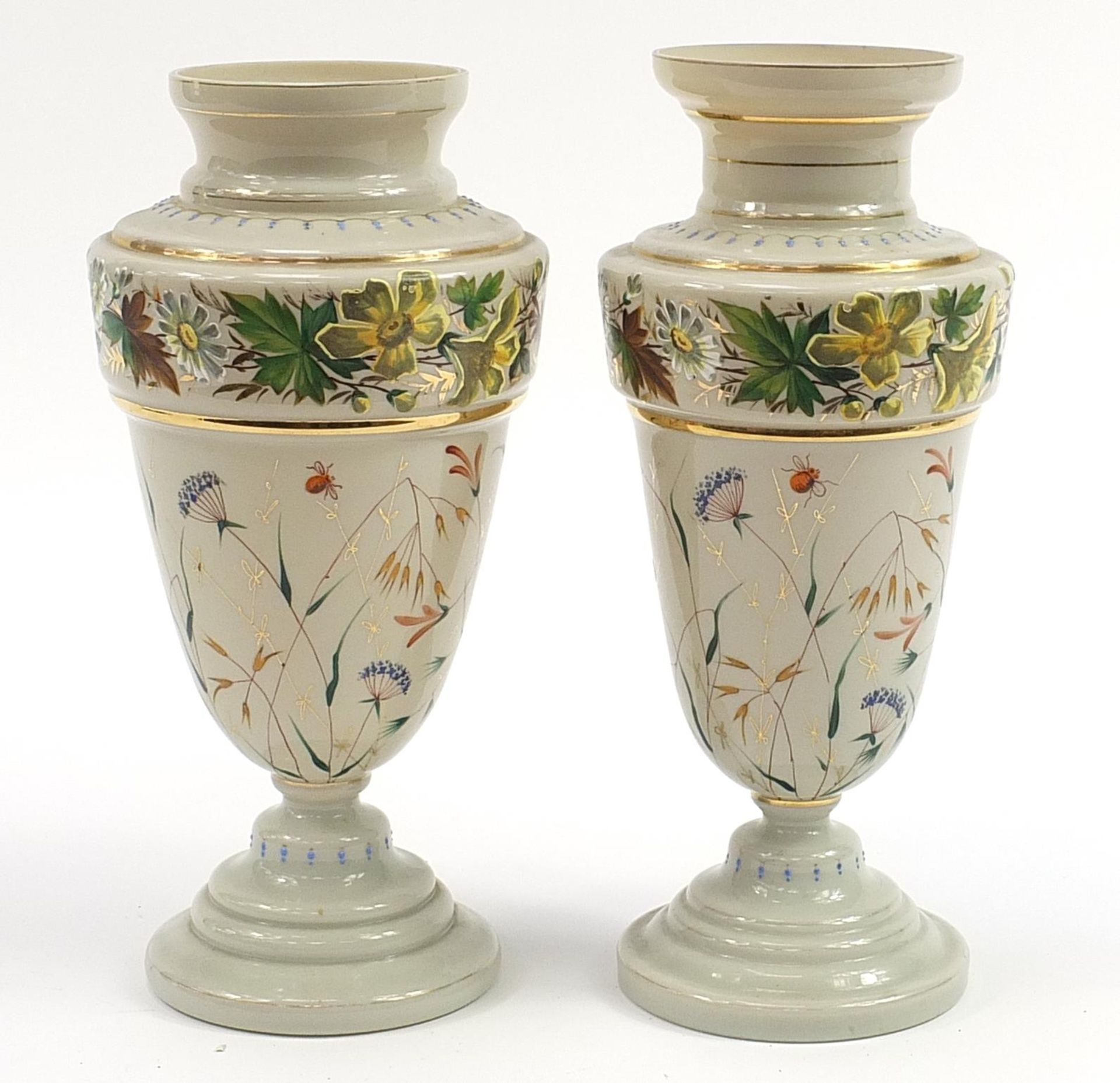 Matched pair of 19th century opaline glass vases, hand painted with flowers and insects amongst - Image 2 of 11