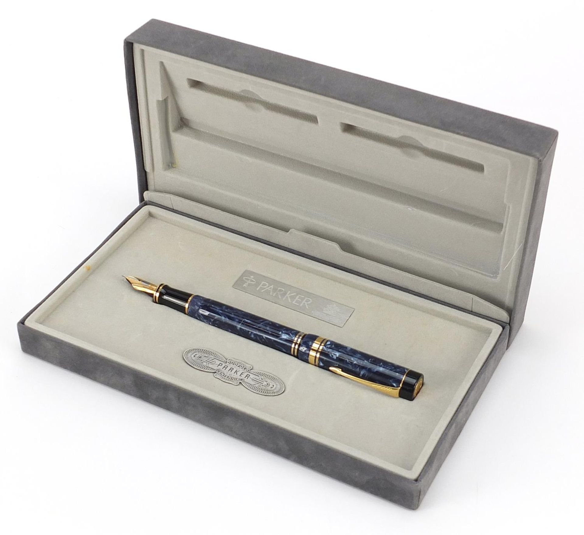 Parker Centennial blue marbleised fountain pen with 18k gold nib and box