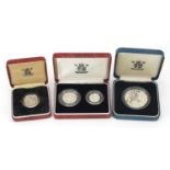 Modern British silver proof coin sets comprising 1990 five pence two coin set, 90th Birthday crown