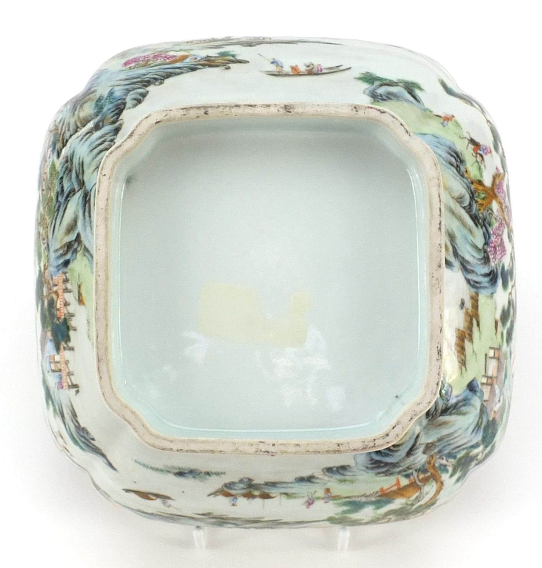 Chinese porcelain bowl hand painted in the famille rose palette with a river landscape - Image 3 of 3