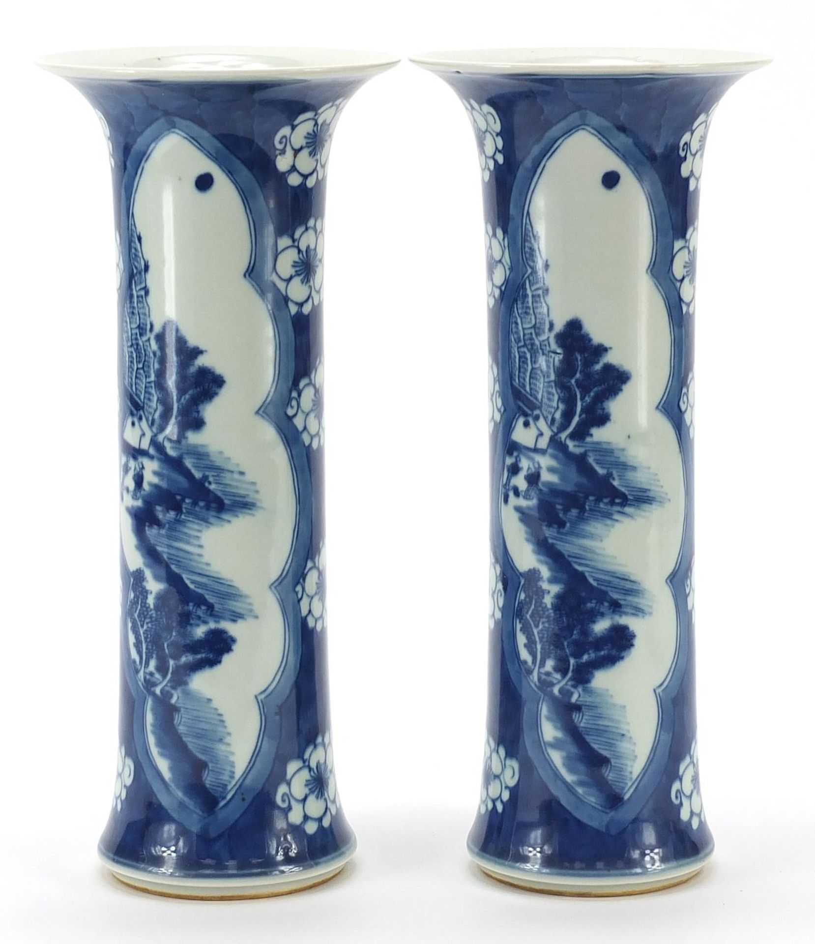 Pair of Chinese blue and white porcelain vases hand painted with panels of landscapes, blue ring - Image 2 of 3