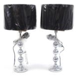 Pair of as new contemporary silvered table lamps with shades, 58cm high