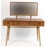 Ercol light elm Windsor dressing table with mirrored back and three drawers, 124cm H x 114cm W x