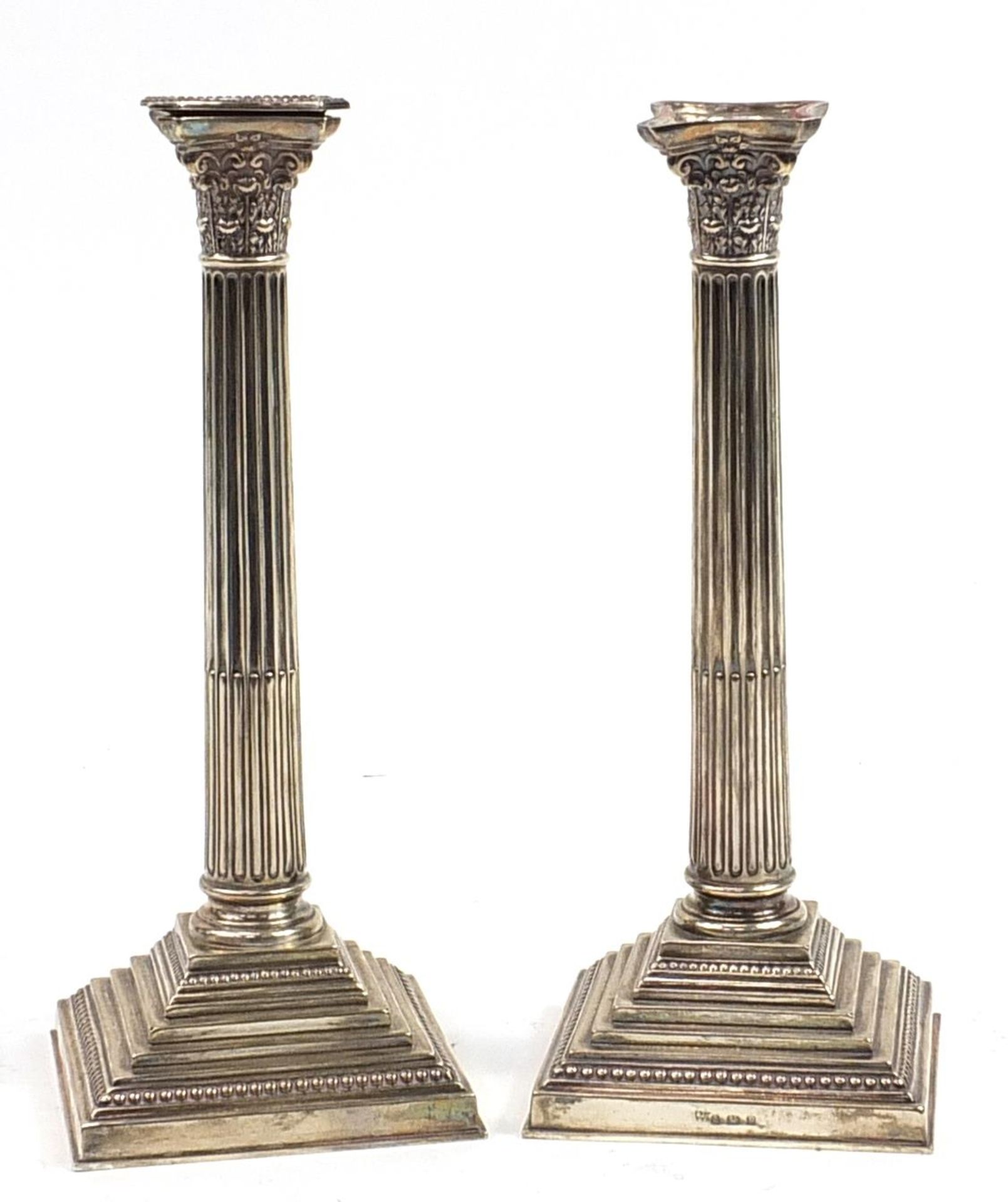 Ellis & Co, Large pair of George V silver Corinthian column candlesticks, Birmingham 1914, each 32. - Image 2 of 4