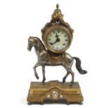 French style gilt and silvered metal horse mantle clock, 43.5cm high