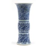 Large Chinese blue and white porcelain Gu beaker vase hand painted with flowers, Kangxi ring marks