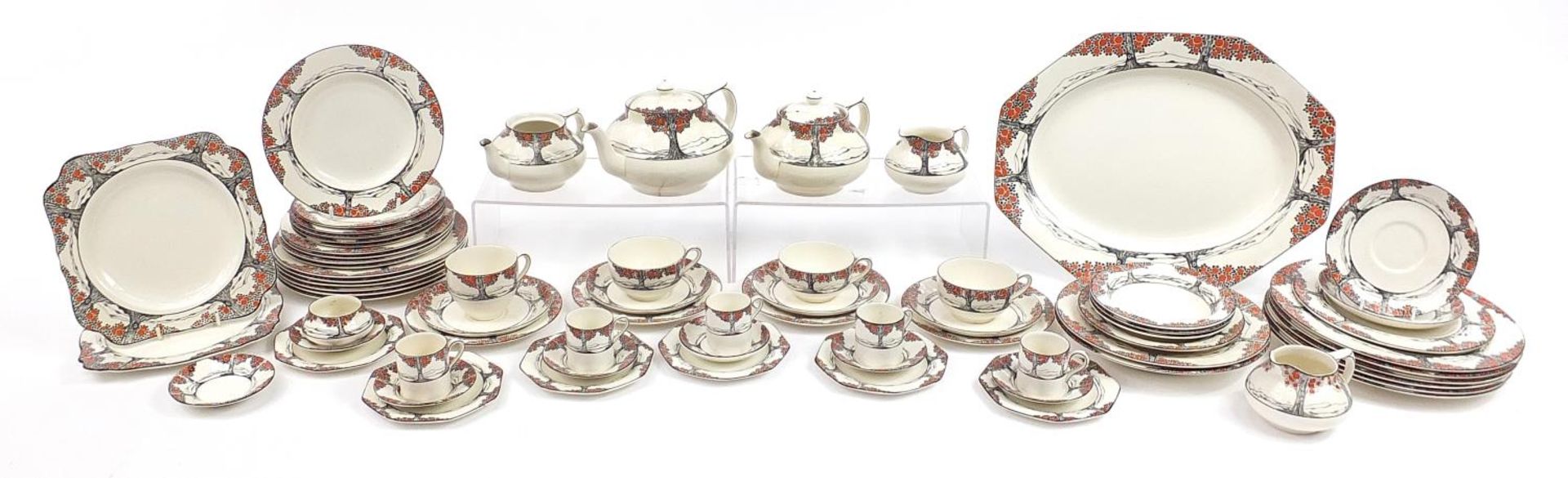 Crown Ducal, Art Deco Orange Tree dinner and teaware including two teapots, milk jugs, meat plate