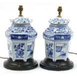 Pair of Chinese blue and white porcelain pagoda shaped table lamps raised on ebonised bases, each