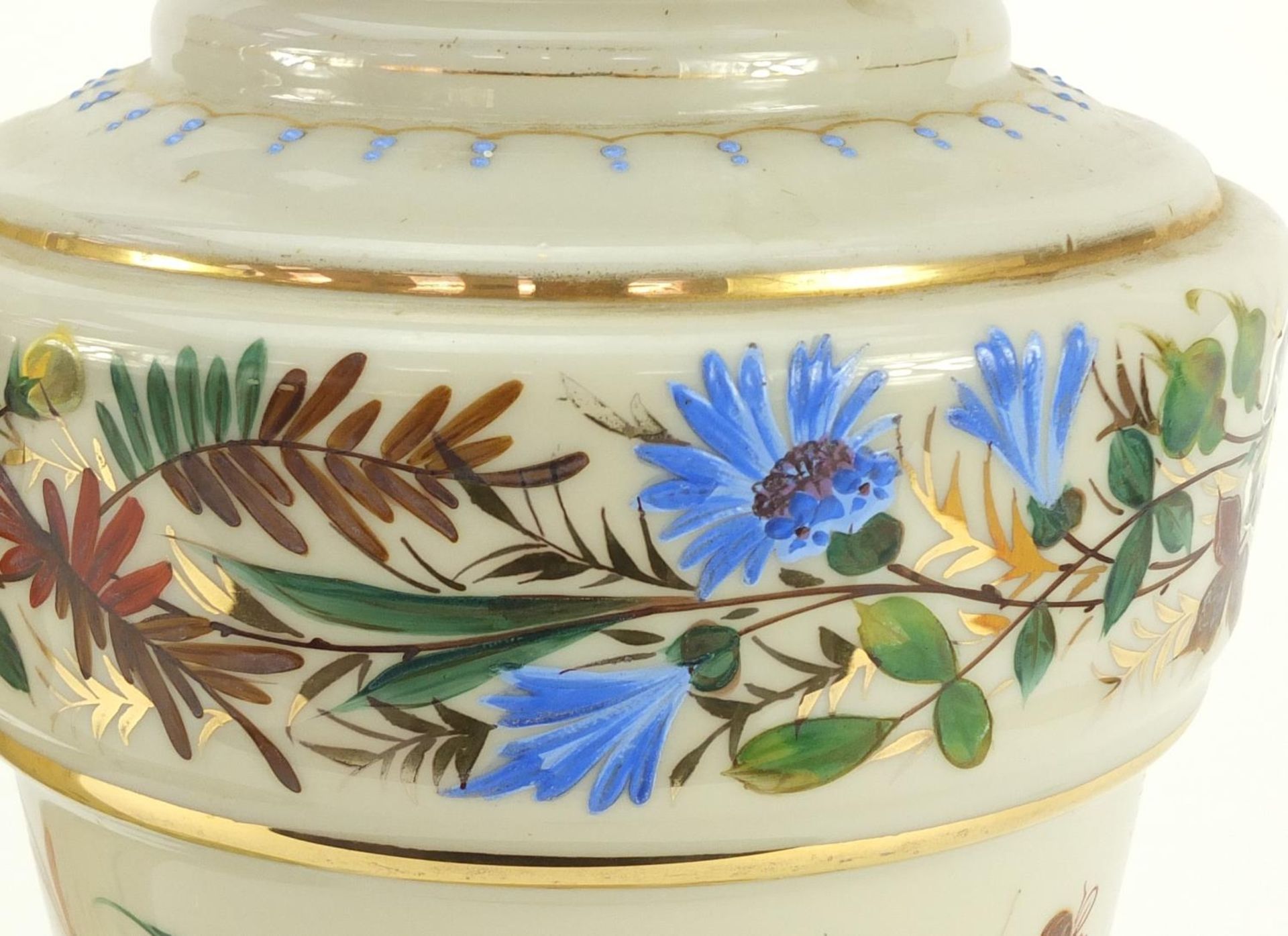 Matched pair of 19th century opaline glass vases, hand painted with flowers and insects amongst - Image 9 of 11