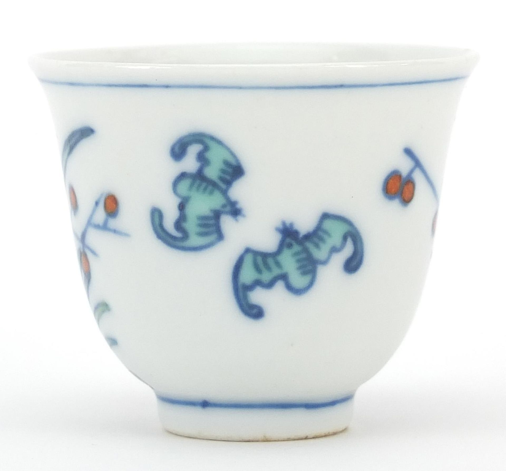 Chinese doucai porcelain tea bowl hand painted with bats amongst flowers, inscribed to the base, 4. - Image 2 of 4