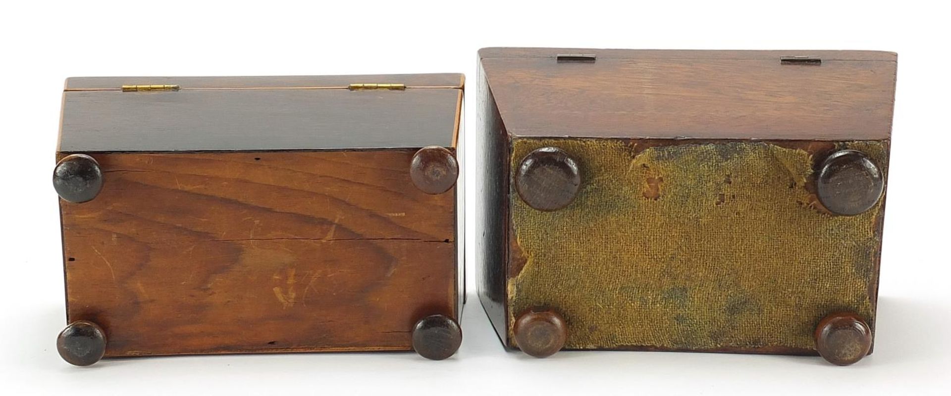 Two Victorian mahogany sarcophagus shaped tea caddies with twin divisional interiors, the largest - Image 4 of 4