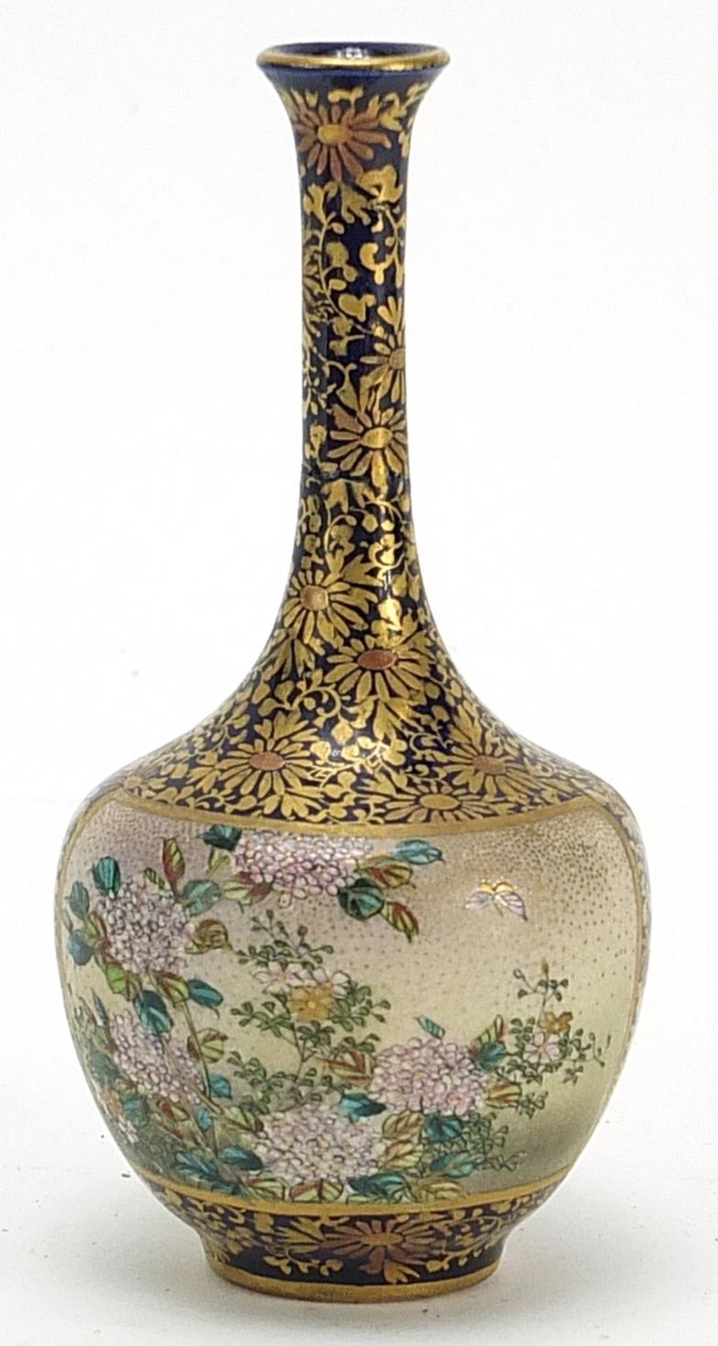 Good Japanese Satsuma pottery vase with case, hand painted with females and a butterfly amongst - Image 2 of 6