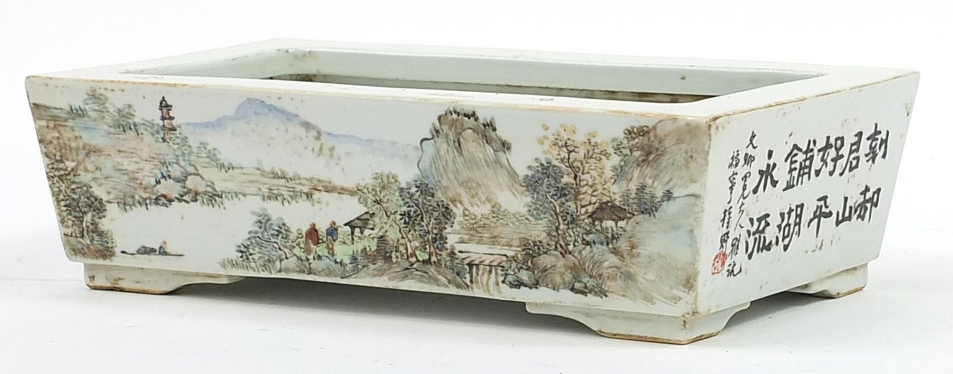 Rectangular Chinese porcelain planter hand painted with figures in a landscape, character marks to - Image 2 of 5