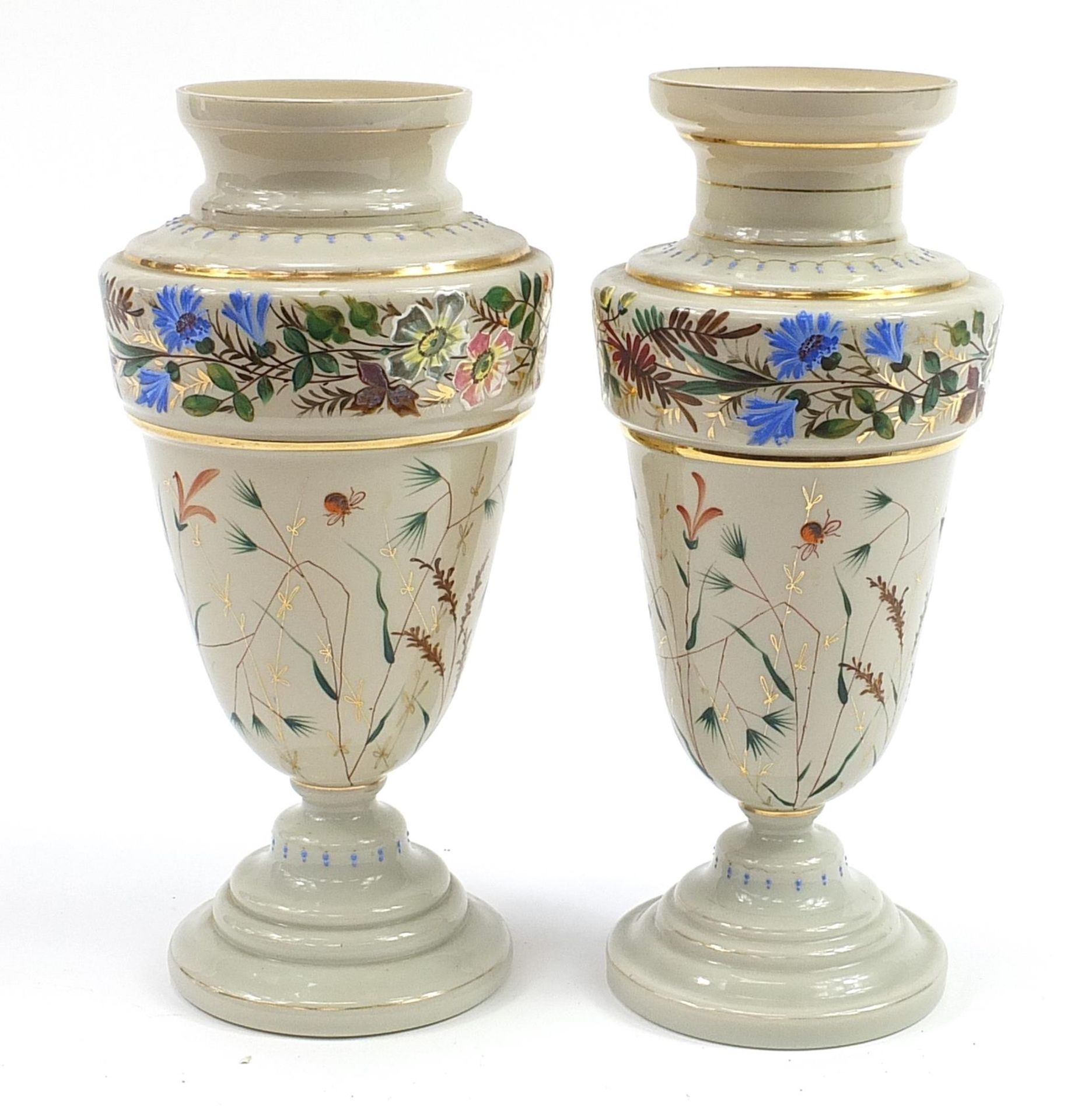 Matched pair of 19th century opaline glass vases, hand painted with flowers and insects amongst - Image 3 of 11
