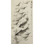 Style of Qi Baishi, Fishing shrimp, Chinese ink wall hanging scroll, 99cm x 48cm