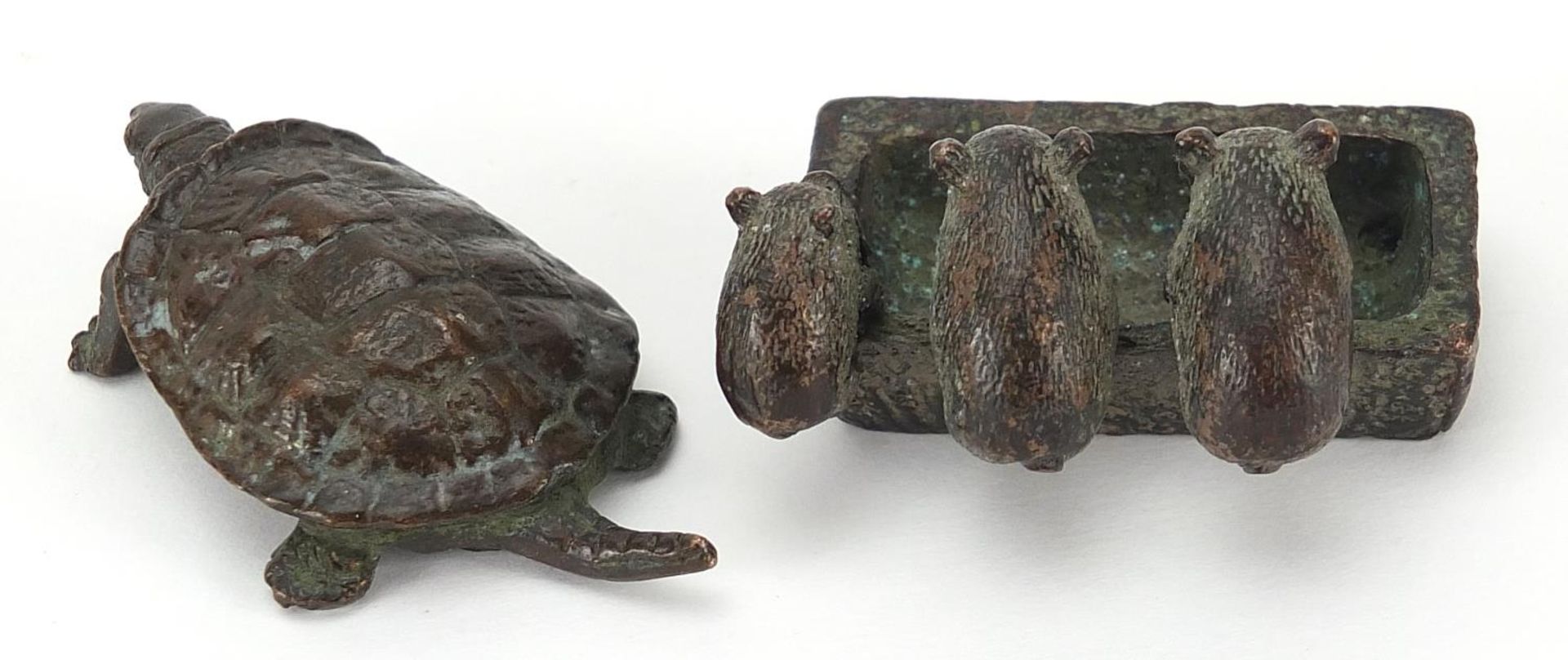 Two Japanese patinated bronze animals comprising terrapin and three pigs at a trough, the largest - Image 2 of 4