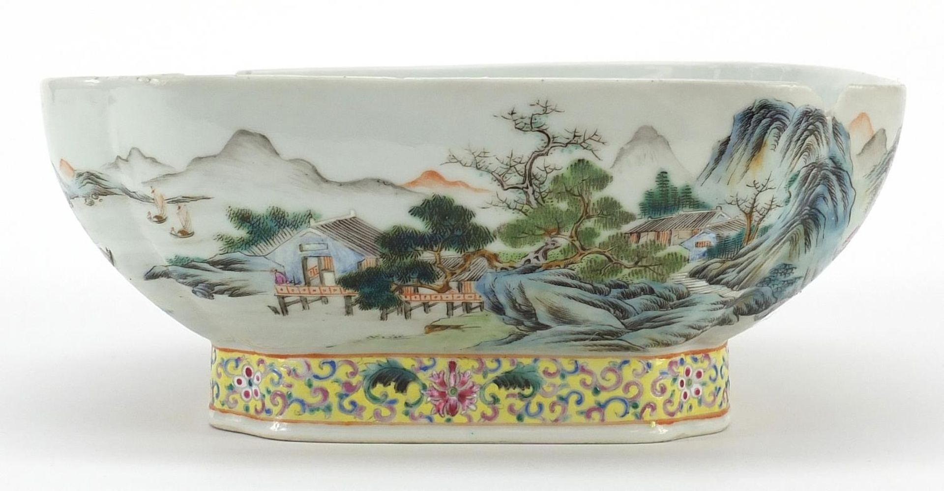 Chinese porcelain bowl hand painted in the famille rose palette with a river landscape - Image 2 of 3