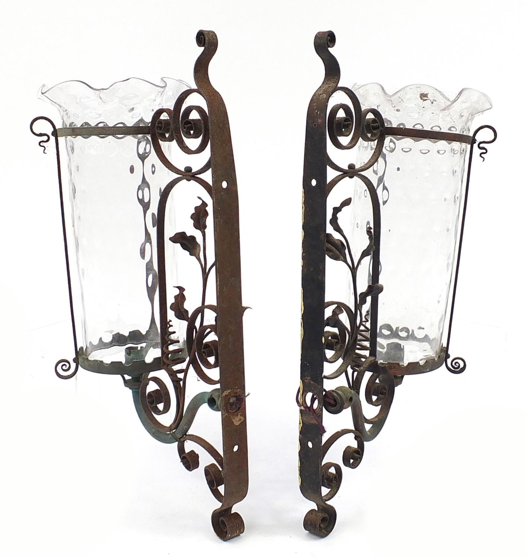 Pair of Arts & Crafts style wrought iron wall lights with frilled glass shades, each 55.5cm high - Image 2 of 2