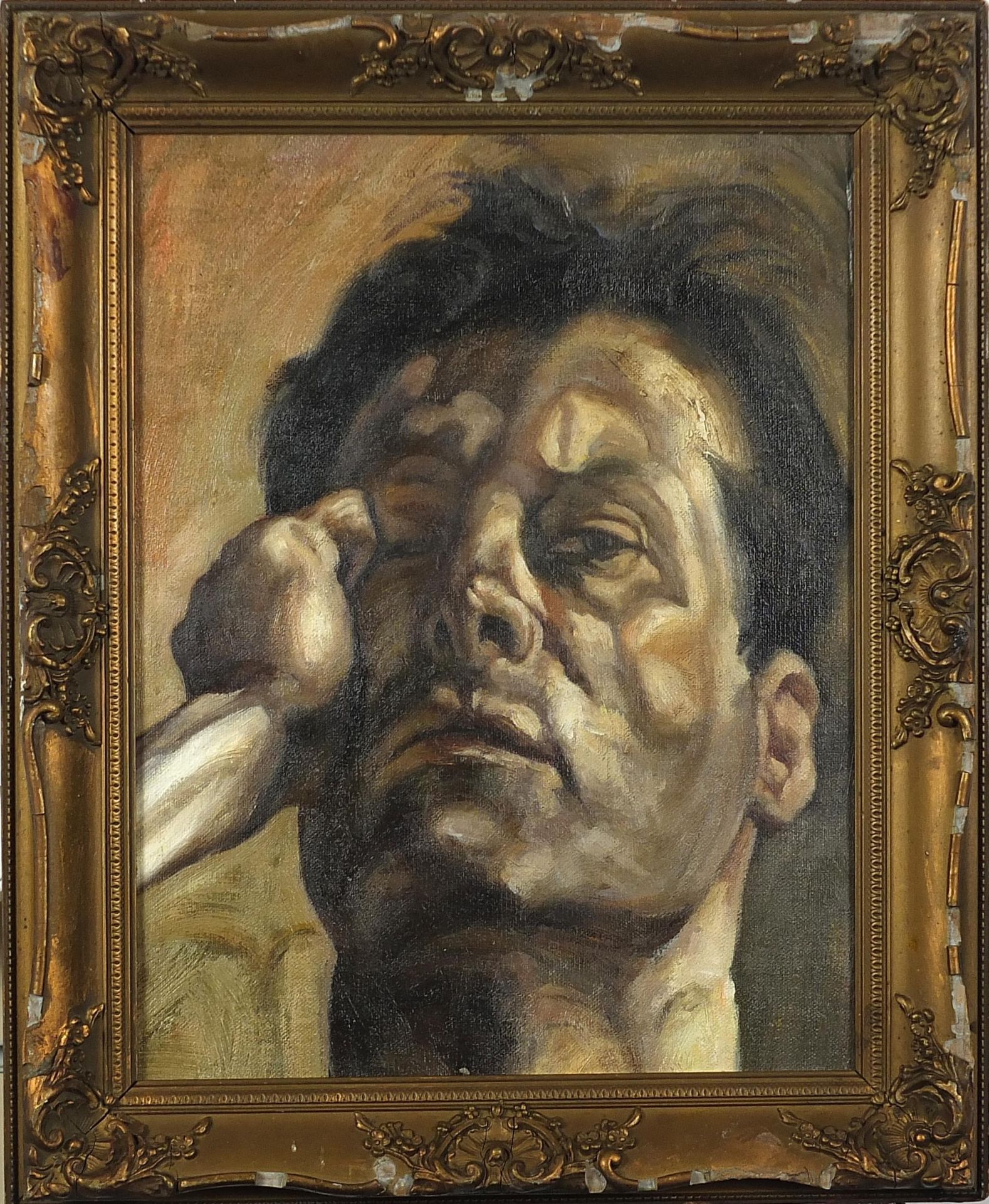 After Lucien Freud - Portrait of a gentleman, oil on board, mounted and framed, 32cm x 25cm - Image 2 of 3