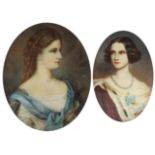 Two oval portrait miniatures including a hand painted example of a female in Edwardian dress with