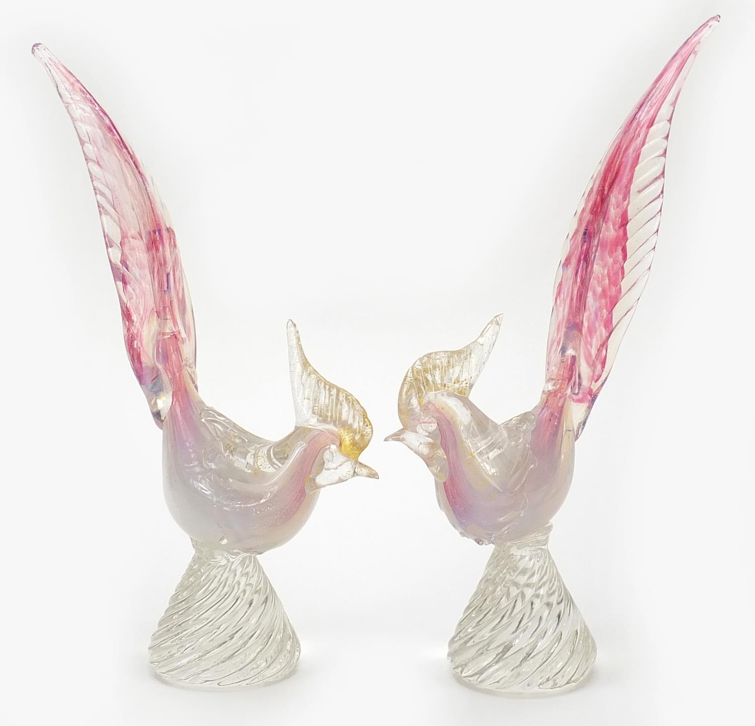 Pair of Murano gold flecked opalescent glass birds, each 27.5cm high