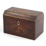 Early 19th century inlaid mahogany tea caddy with twin divisional interior, 12.5cm H x 18cm W x 11cm