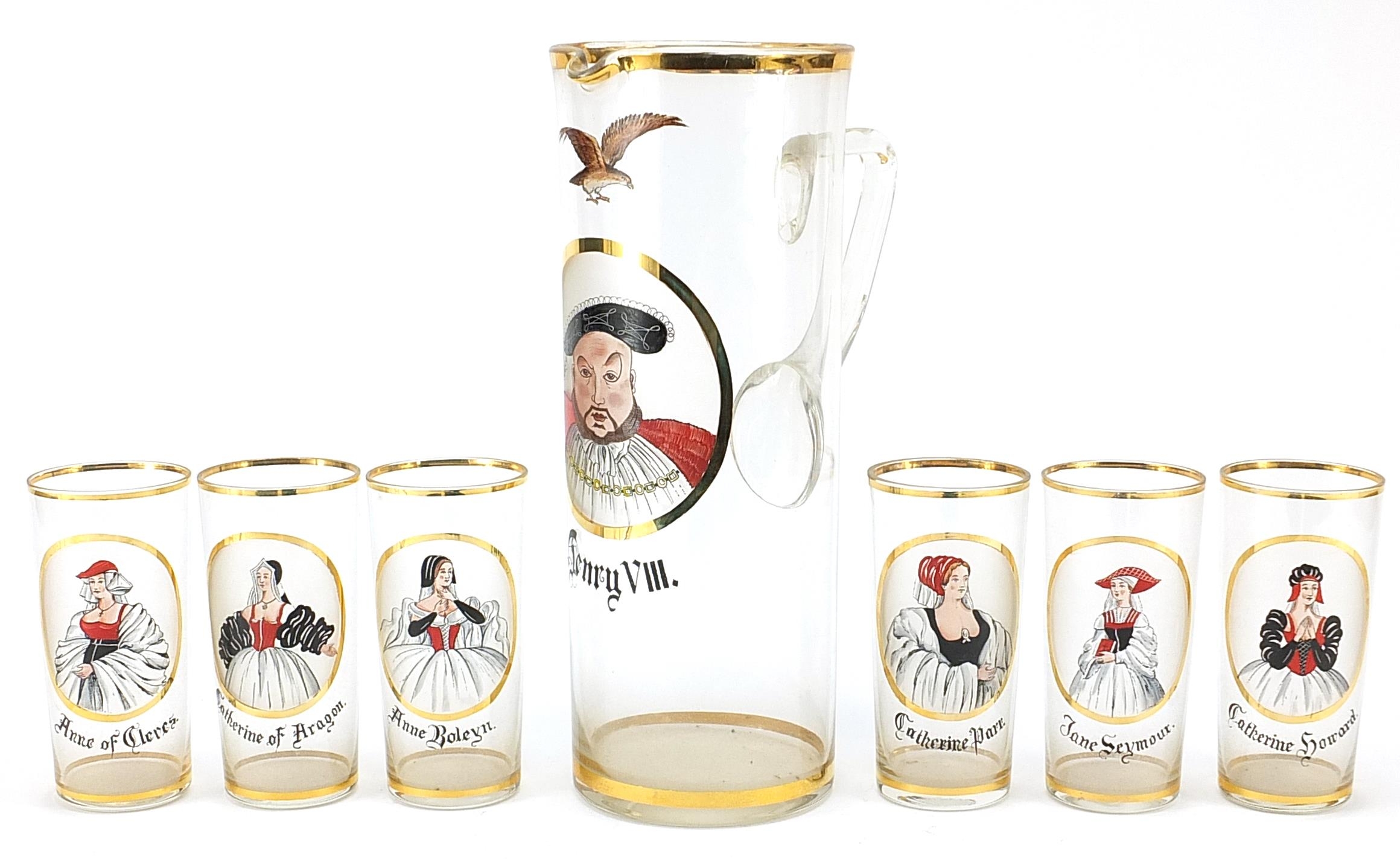 Henry VIII and six wives design lemonade jug and six glasses, the largest 30.5cm high