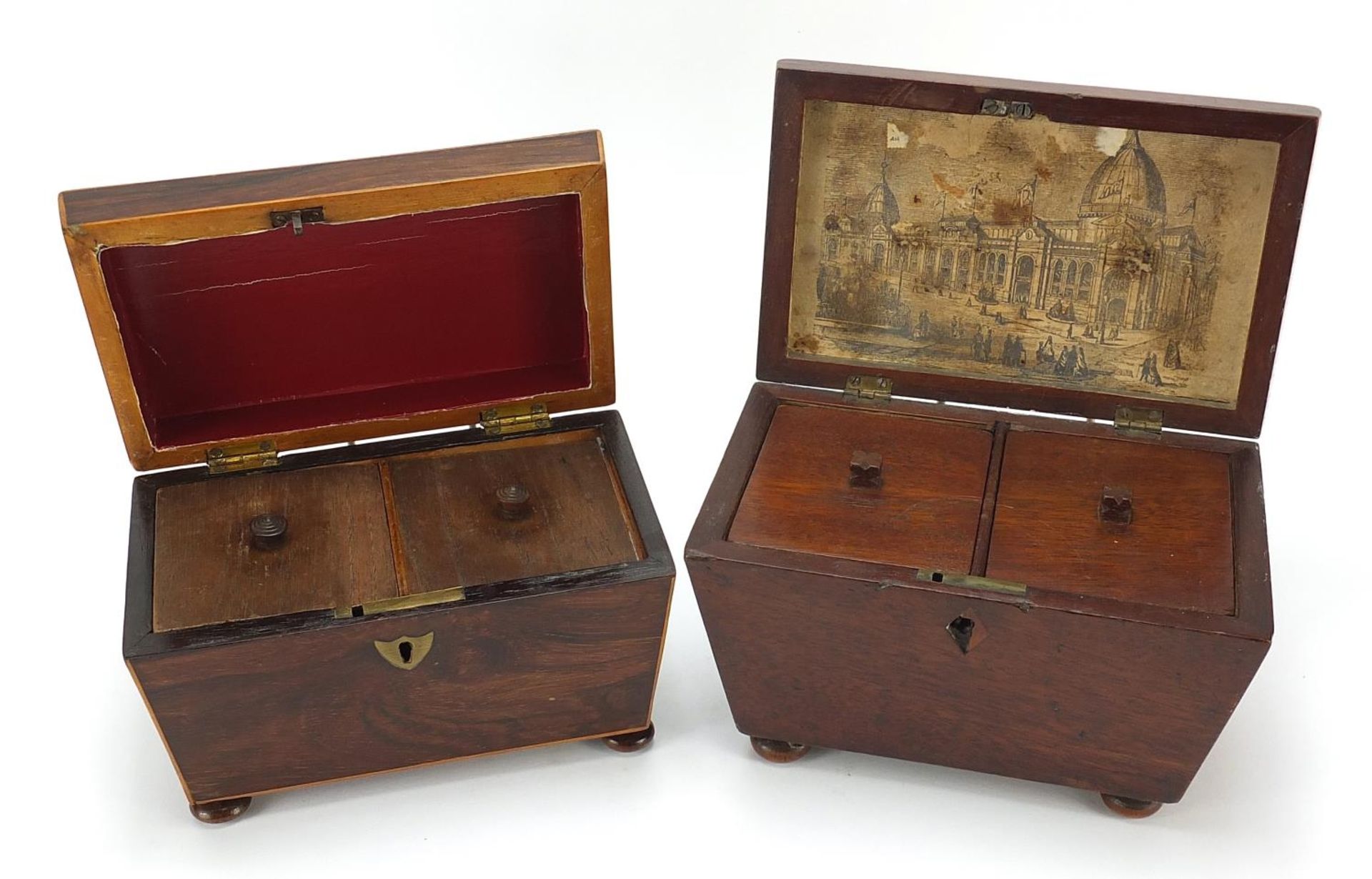 Two Victorian mahogany sarcophagus shaped tea caddies with twin divisional interiors, the largest - Image 2 of 4