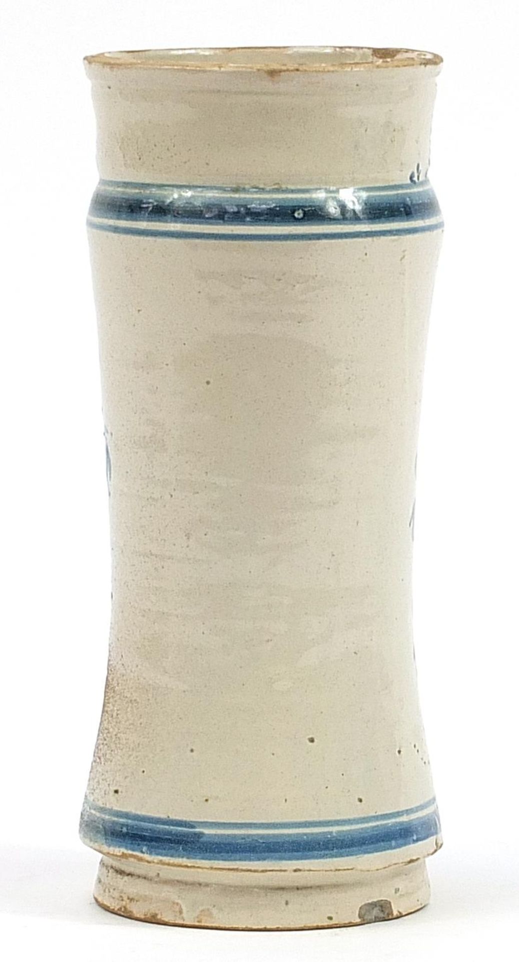 Antique delft tin glazed Albarello apothecary jar inscribed Amilium, 28.5cm high - Image 2 of 3