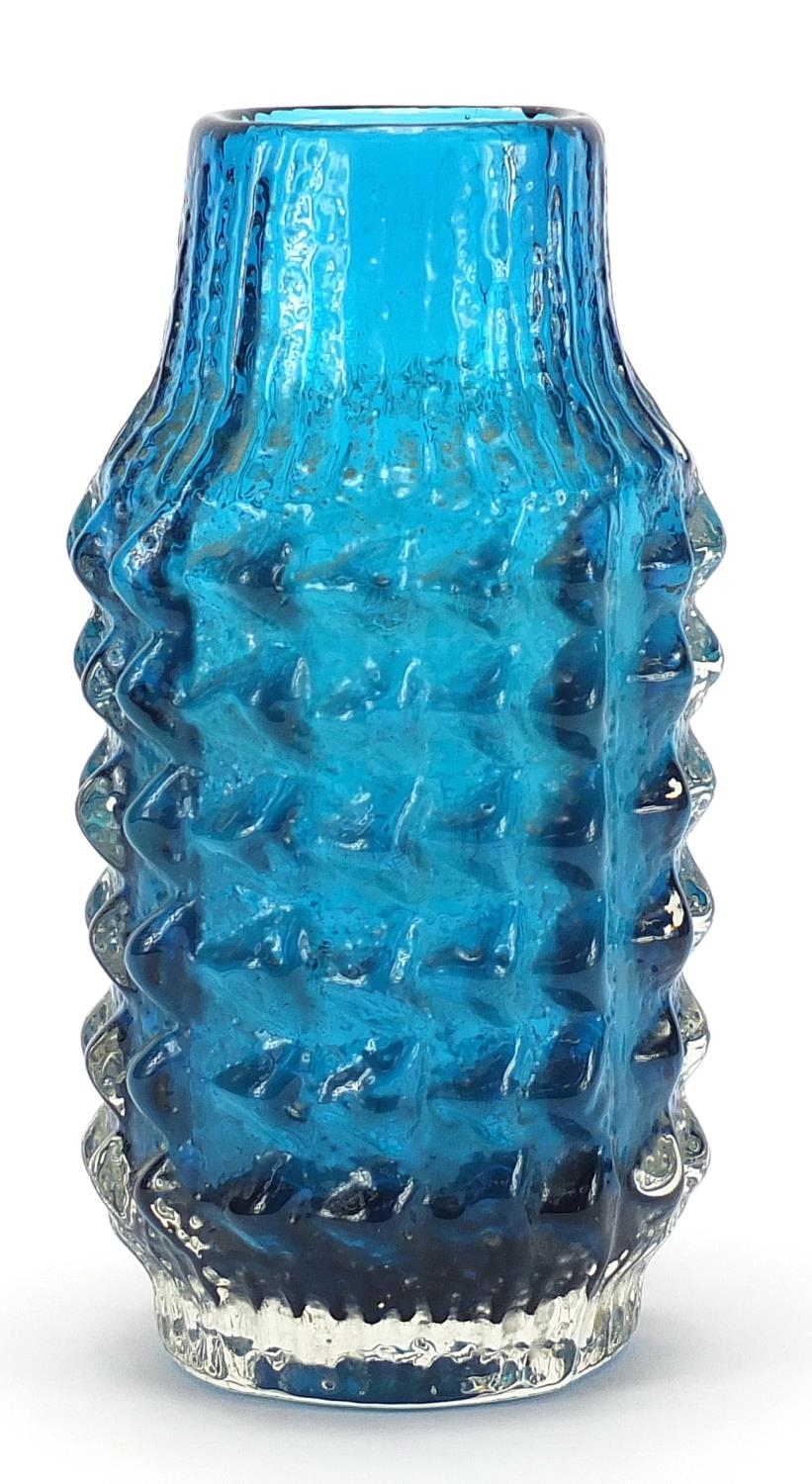 Geoffrey Baxter for Whitefriars, pineapple glass vase in kingfisher blue, 18cm high