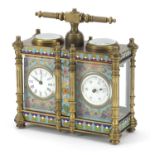 Champleve enamel brass cased travelling time piece with clock and barometer, 13cm wide