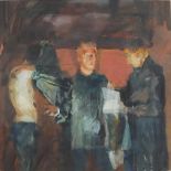 Three figures, Modern British gouache on card, mounted, framed and glazed, 36cm x 36cm excluding the