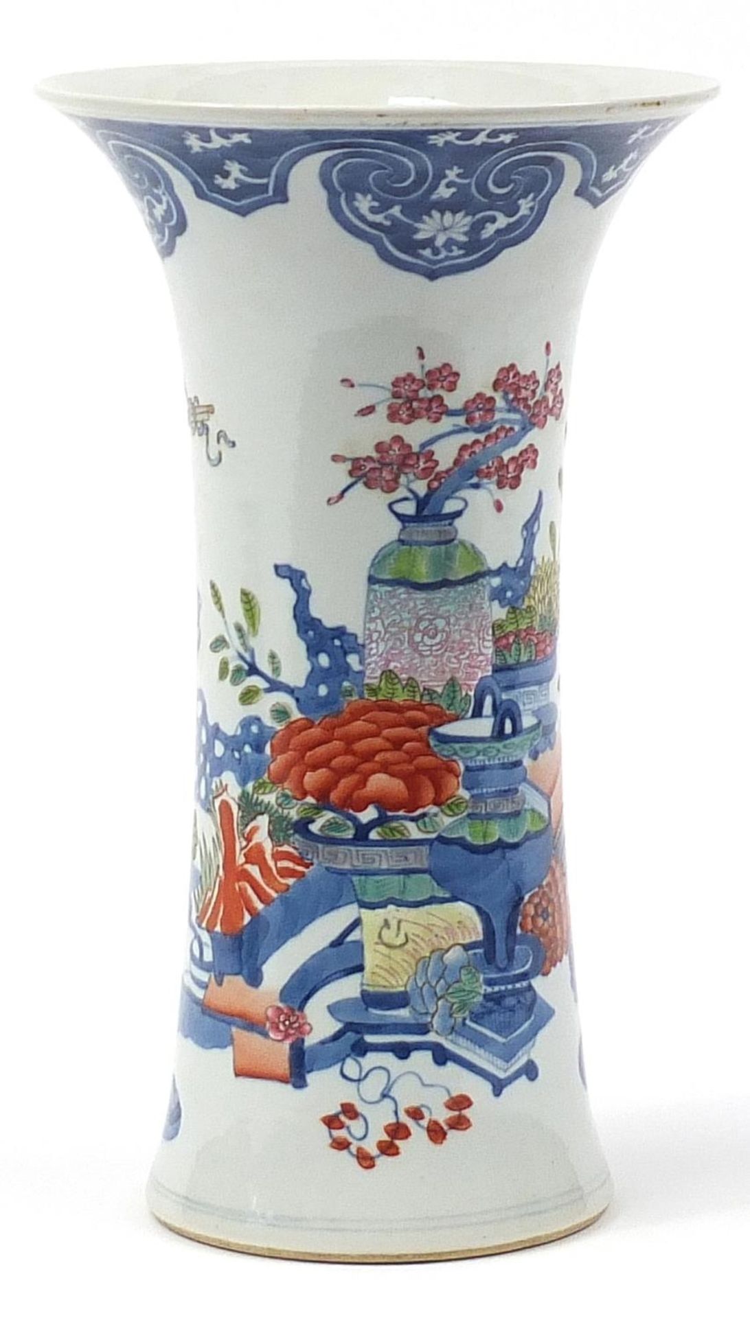 Chinese doucai porcelain beaker vase hand painted with precious objects and flowers, six figure