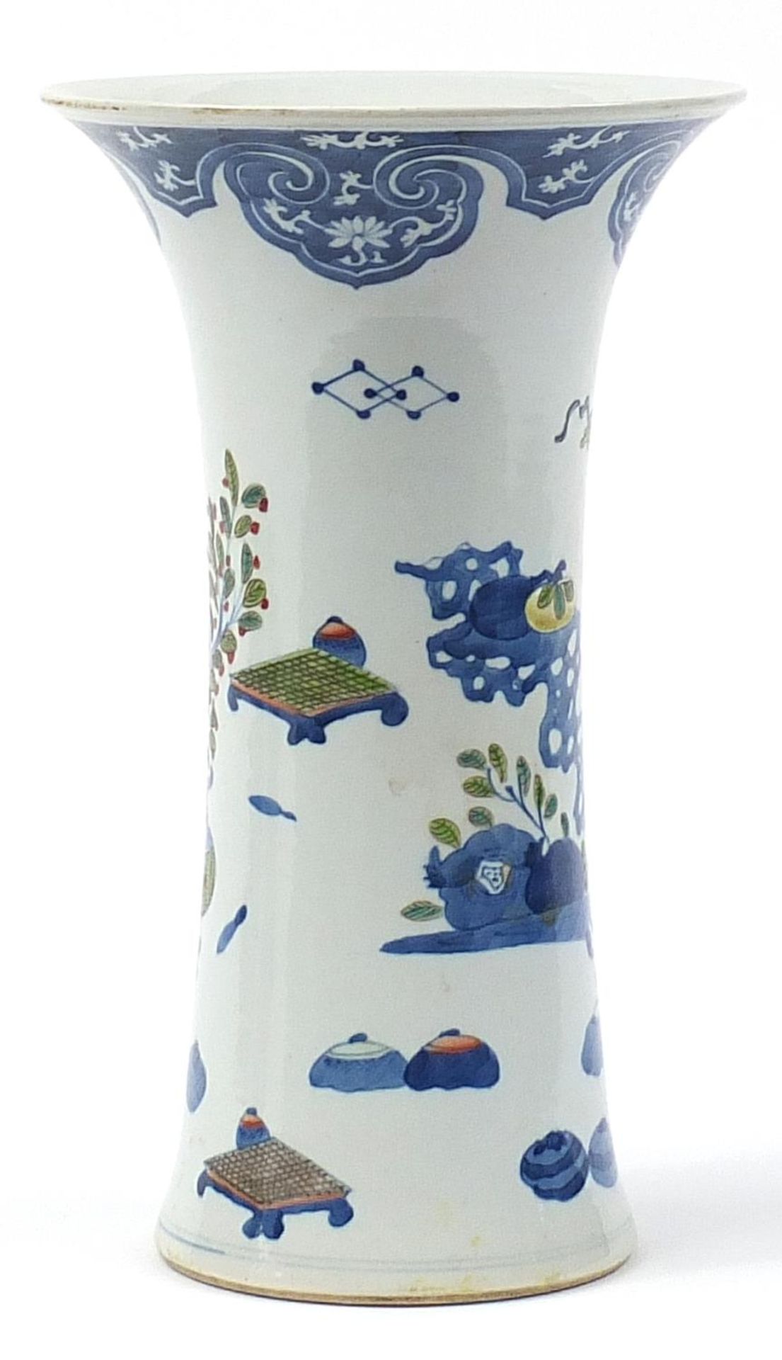 Chinese doucai porcelain beaker vase hand painted with precious objects and flowers, six figure - Image 2 of 3